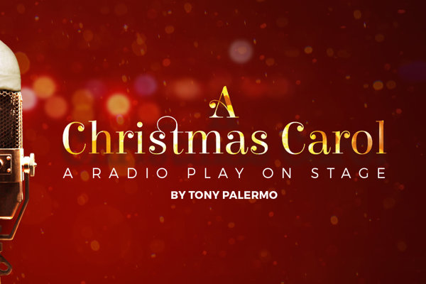 Graphic image of a vintage radio microphone with a white night cap with snow in the background with A Christmas Carol - A Radio Play On Stage inyellow and white text