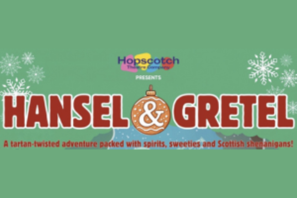 "Hansel and Gretel" in red text on a green background with the hopscotch logo above