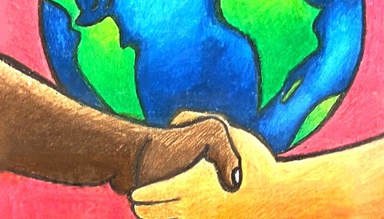 a drawing of two people shaking hands in front of planet earth with the word 'equality' underneath