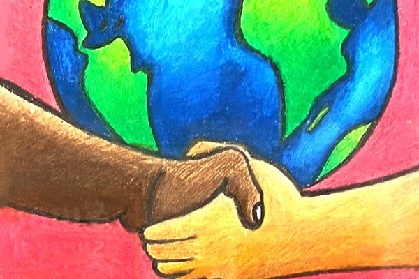 a drawing of two people shaking hands in front of planet earth with the word 'equality' underneath