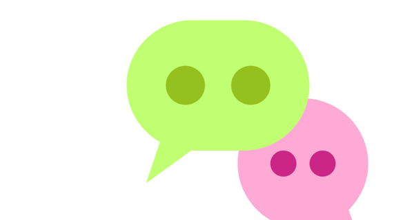 Green and pink speech bubble with eyes