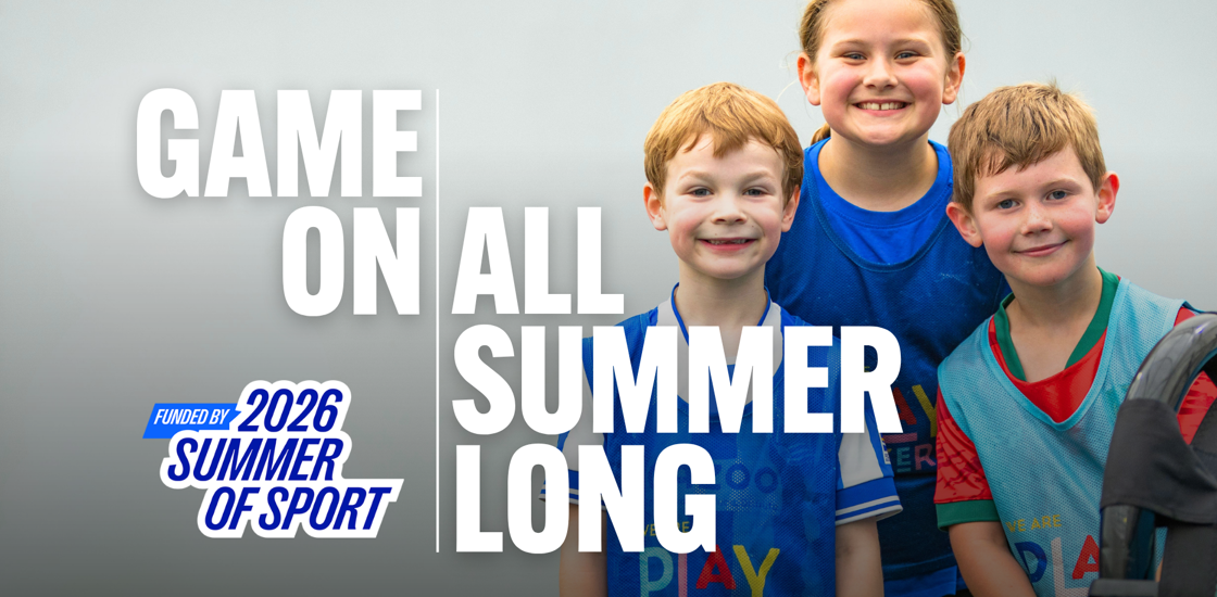 3 children smiling at the camera with the caption "game on all summer long"