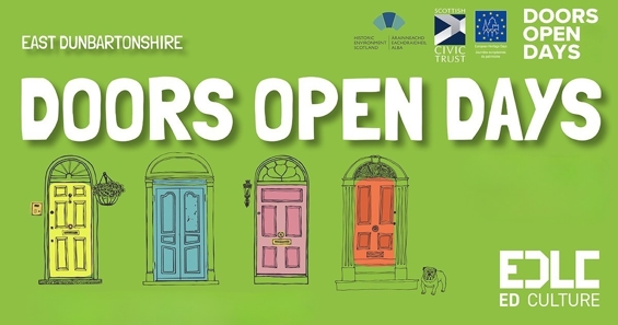 a graphic featuring four front doors all different colours on a green background with text that reads 'doors open days'