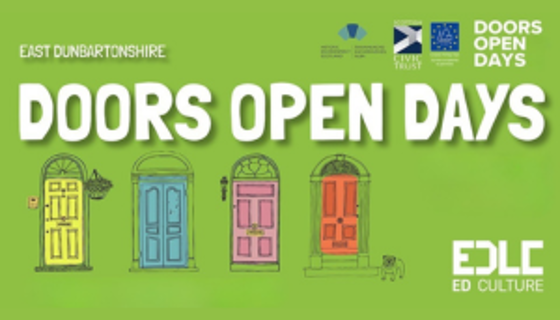 a graphic featuring four front doors all different colours on a green background with text that reads 'doors open days'