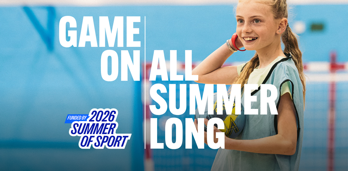 Female child holding netball. Text saying: "Game on all summer long"