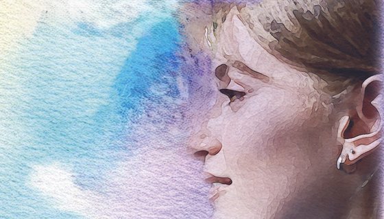 painting of a woman with blonde hair on a multicoloured background